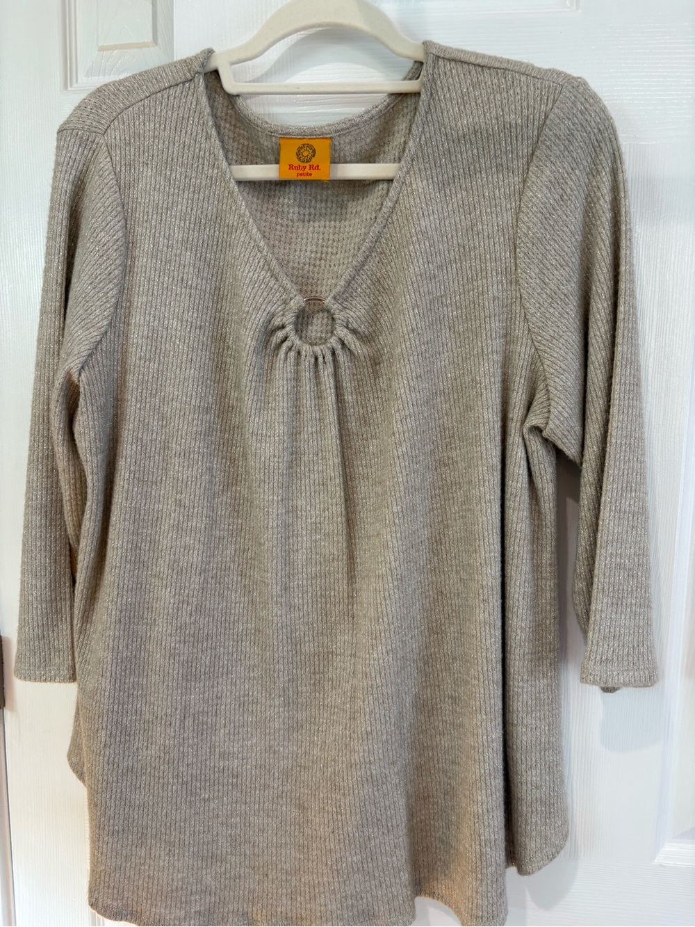 Ruby Rd. Taupe Ribbed V-Neck Top with Ring Detail
